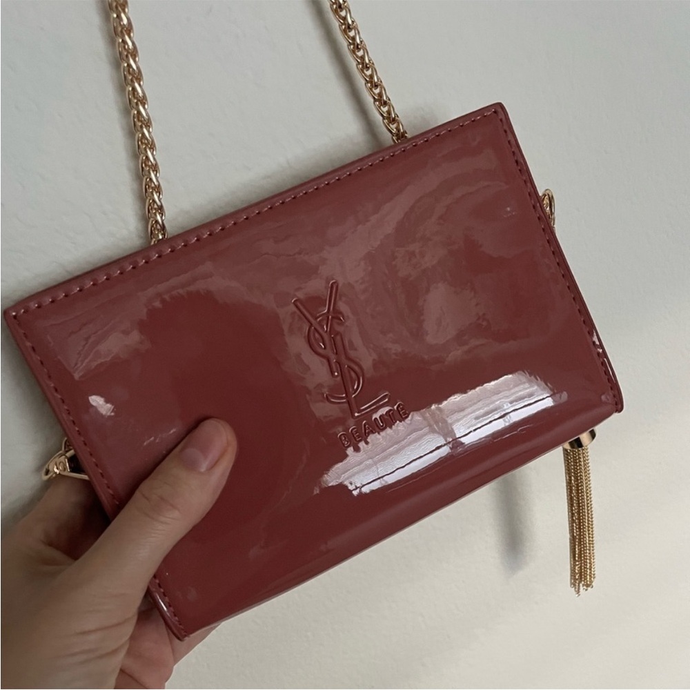Yves Saint Laurent patent Glossy Red Brown Bag purse gold chain tassel rare logo - Picture 5 of 8